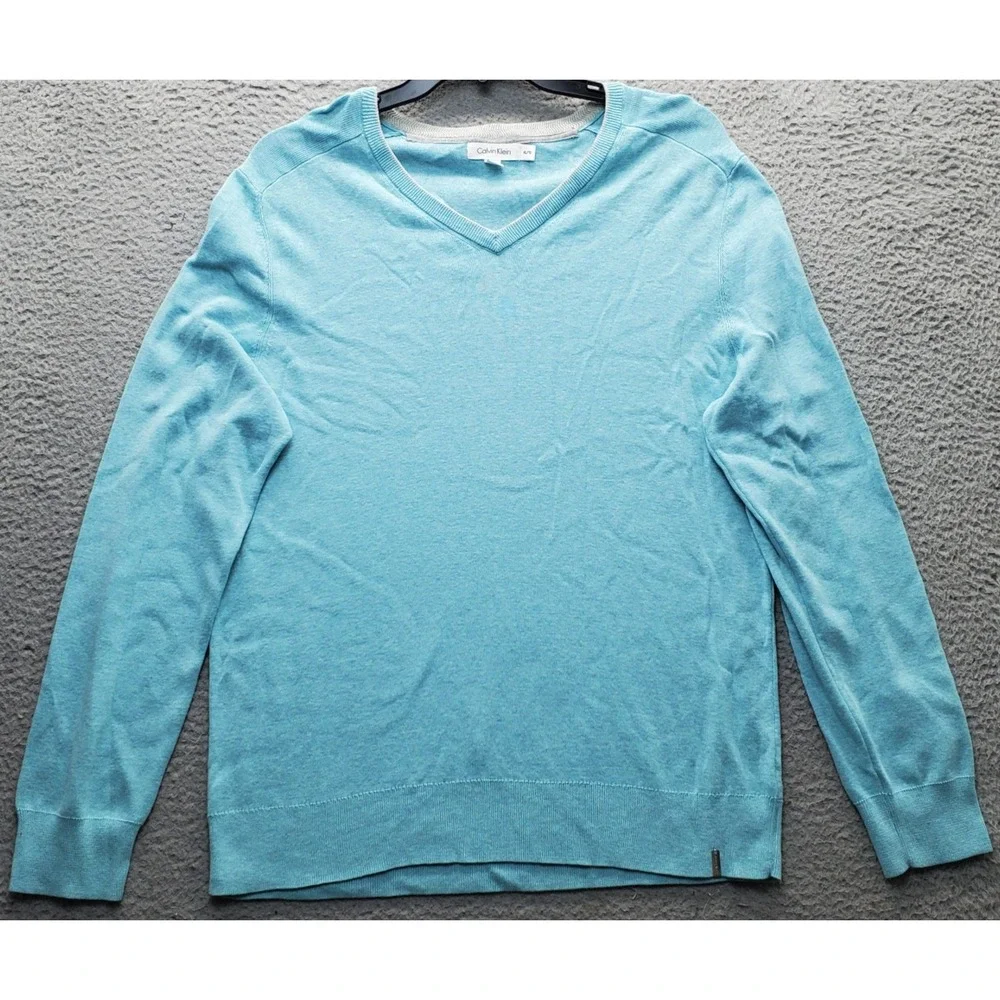 Calvin Klein Sweater Mens XL Blue Soft Knit Modal Blend Relaxed V-Neck Pullover‎